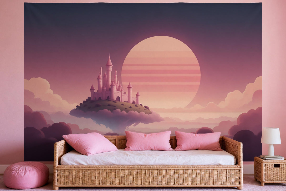 Tapiz de pared XXL Castillo rosa estilo synthwave como decoración en un dormitorio de niña
