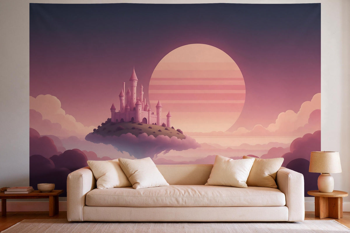 Decoración de pared en un salón luminoso sobre el sofá: tapiz de tela Castillo rosa estilo synthwave