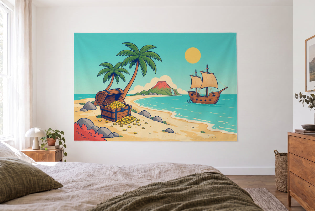 Wandtuch Pirateninsel im Comic-Stil im hellen Schlafzimmer gegenüber dem Bett, rechts eine Holzkommode – Türkis, Gelb und Rot
