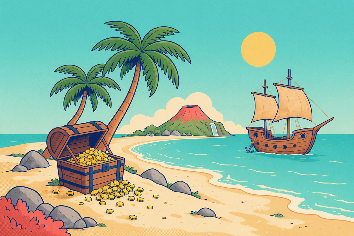 Offene Schatztruhe voller Gold links unter zwei Palmen, rechts ein Piratenschiff, als Wandtuch, auf Stoff gedruckt – Türkis