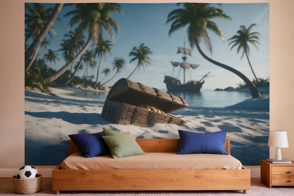 Tapiz de pared XXL Isla pirata en foto como decoración en un dormitorio de niño