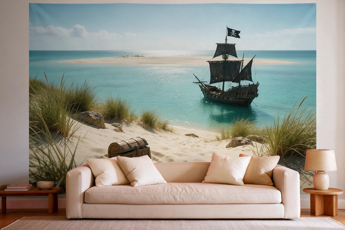 Decoración de pared en un salón luminoso sobre el sofá: tapiz de tela Barco pirata frente al banco de arena