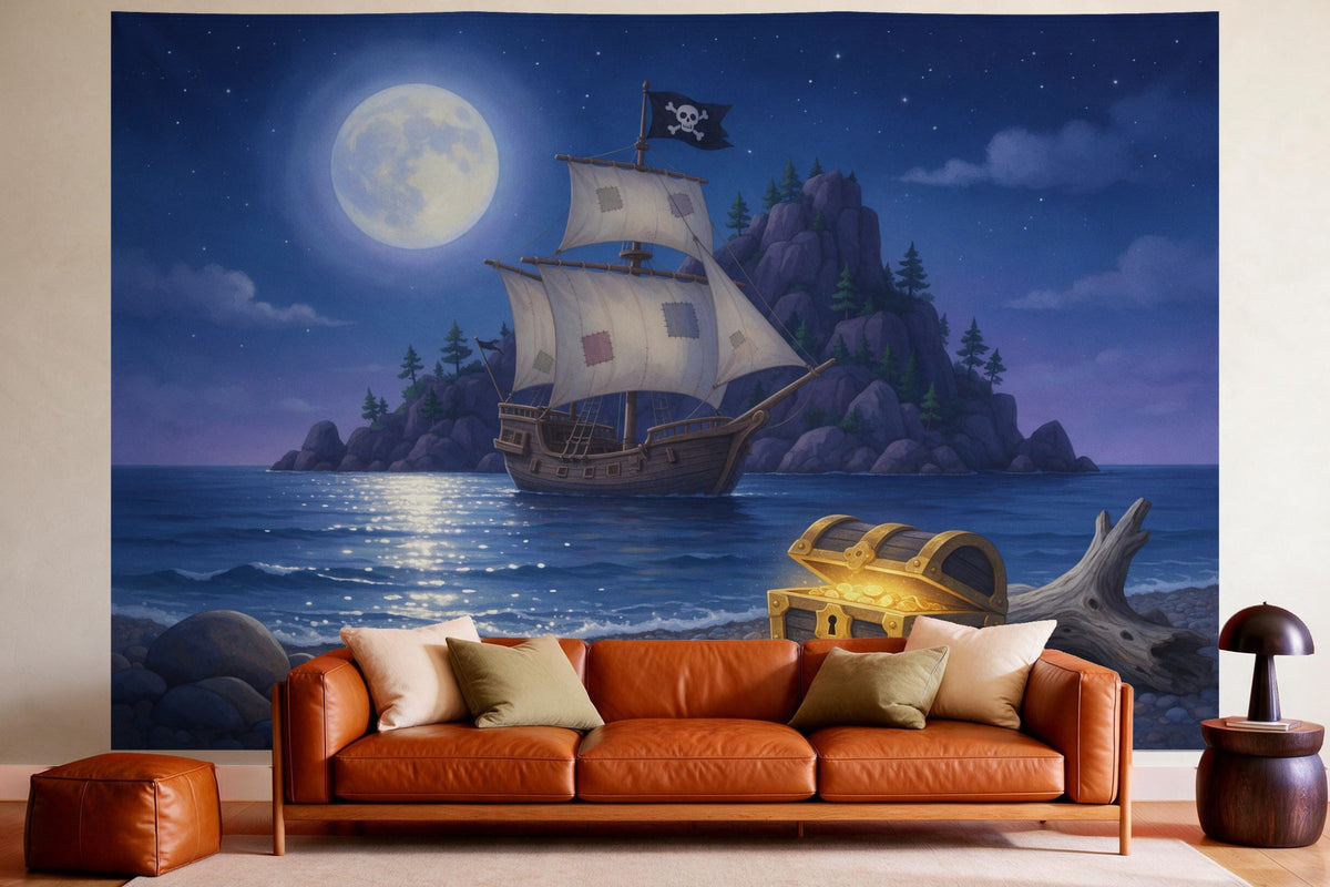 Decoración de pared en un salón acogedor sobre el sofá de cuero: tapiz de tela Barco pirata bajo la luna llena