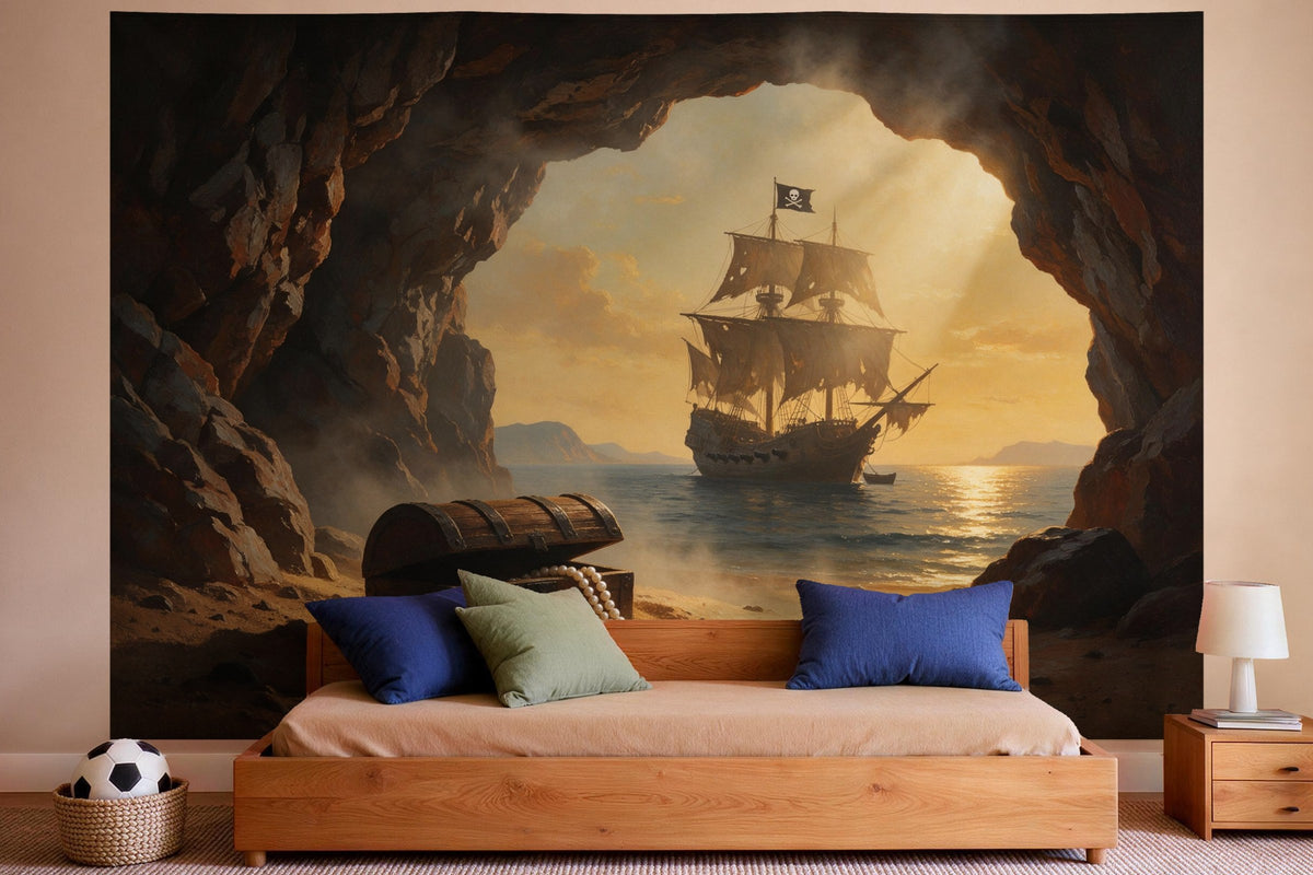 Tapiz de pared XXL Escondite pirata en la cueva como decoración en un dormitorio de niño