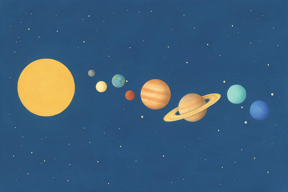 Sonne und acht Planeten in geschwungener Reihe, Saturn mit Ringen, als Wandtuch, auf Stoff gedruckt – Blau und Gelb