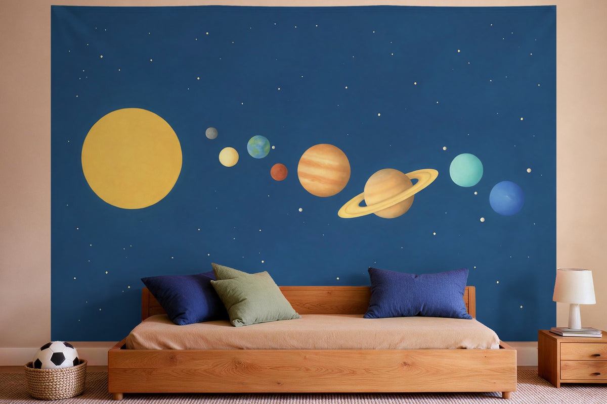 Wandtuch XXL Planeten des Sonnensystems als Wanddeko im Jungen-Kinderzimmer