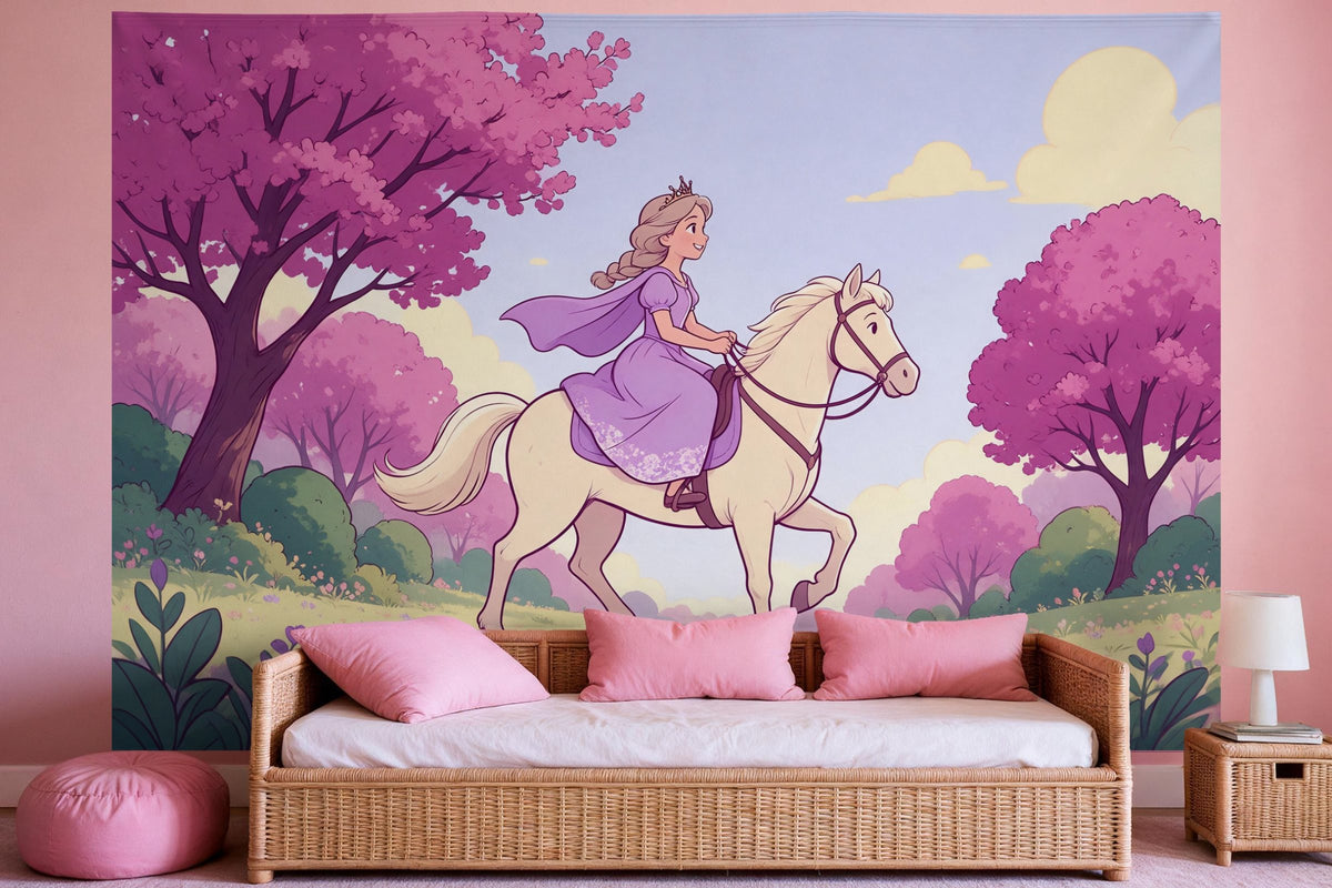 XXL wall tapestry Princess on a Horse in a Fairytale Forest as wall decor in a girls' bedroom
