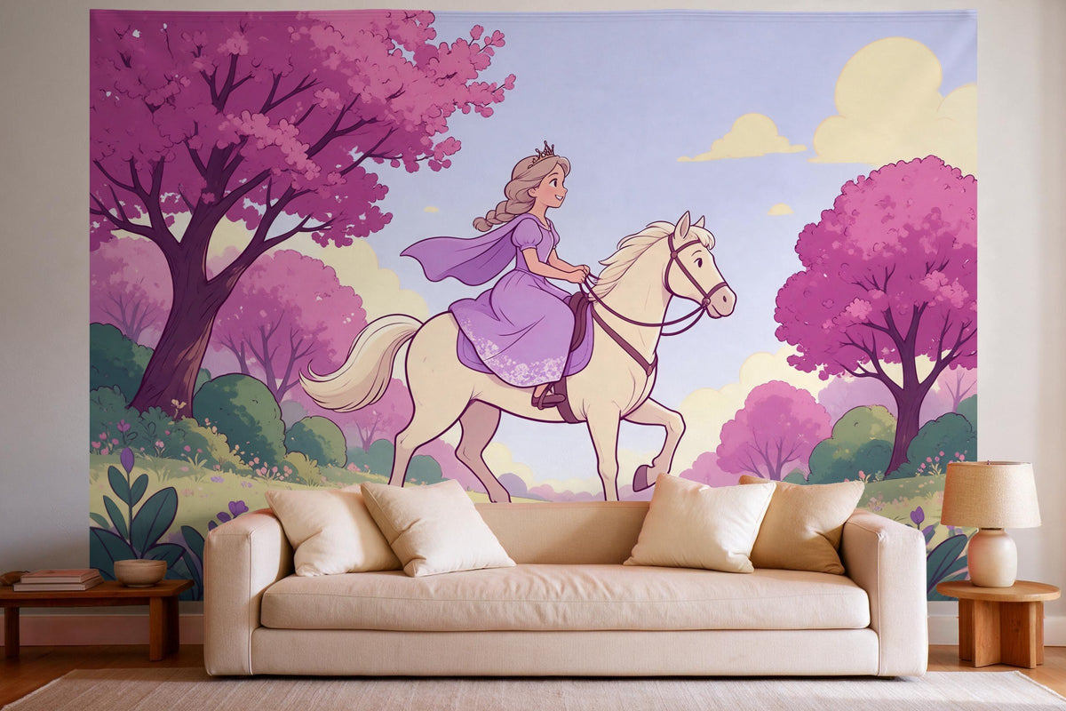 Wall decor in a bright living room above the sofa: printed fabric tapestry Princess on a Horse in a Fairytale Forest