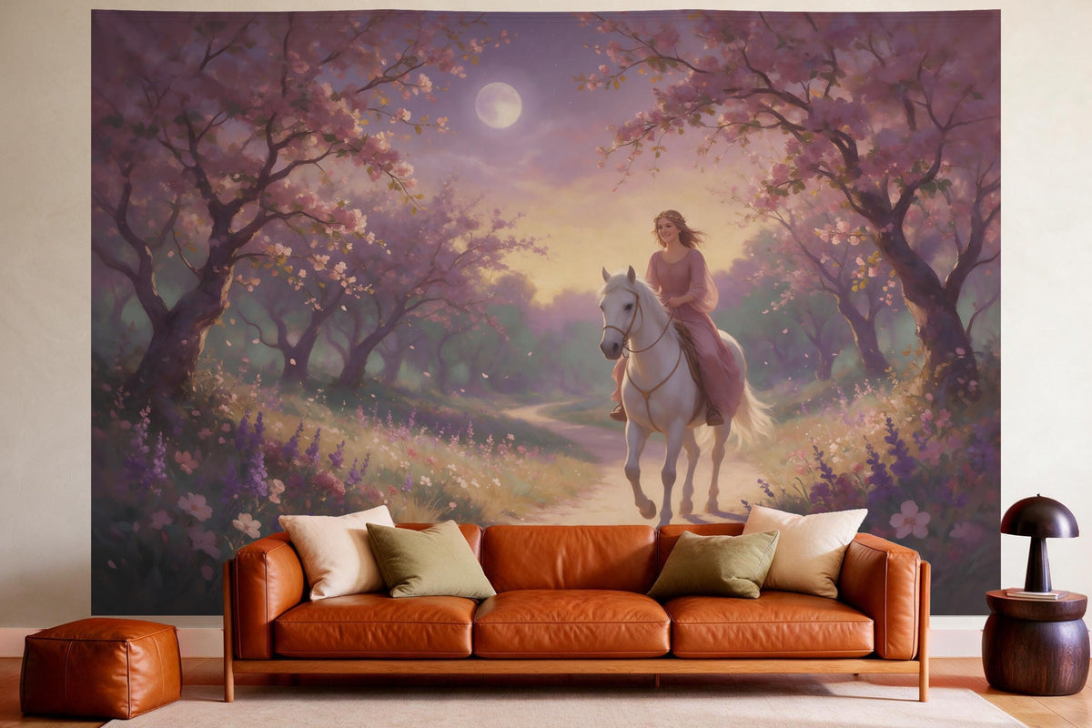 Decoración de pared en un salón acogedor sobre el sofá de cuero: tapiz de tela Princesa a caballo en óleo de cuento