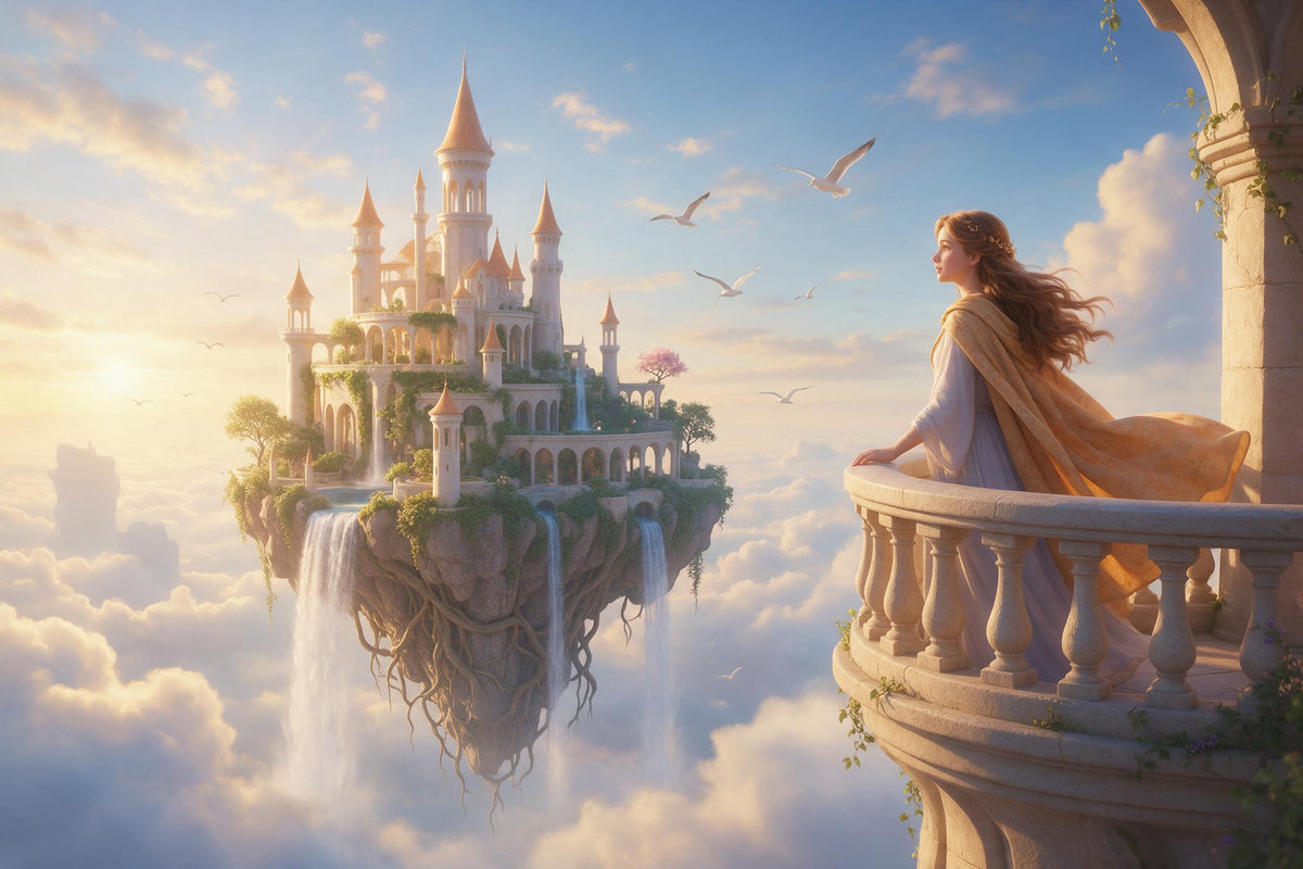 Princesse en cape dorée au balcon devant un château flottant avec cascades, tenture murale imprimée sur tissu