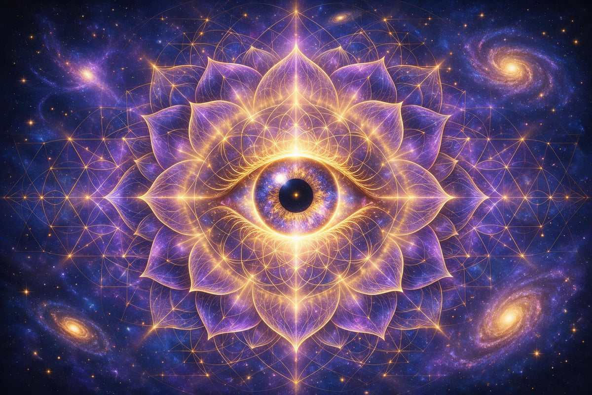 Psychedelic eye centred in a golden lotus flower between galaxies, tapestry printed on fabric – gold and violet