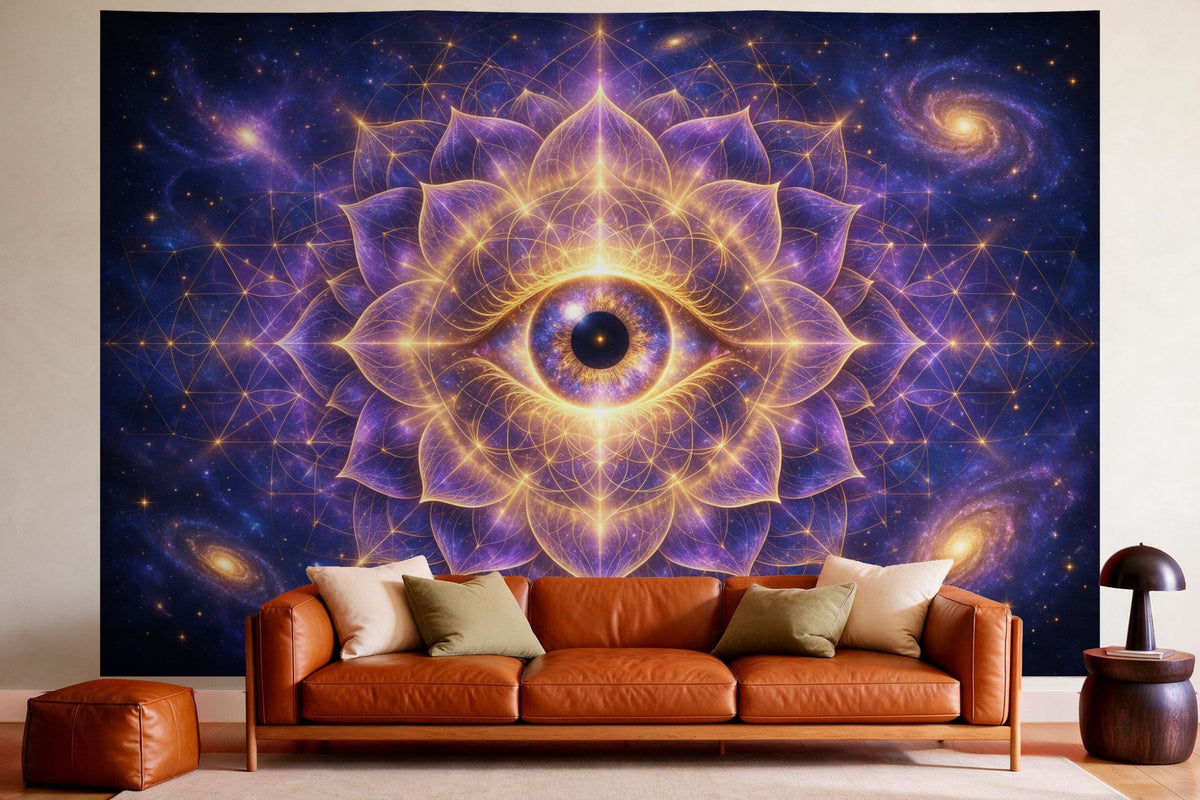 Wall decor in a cosy living room above the leather sofa: printed fabric tapestry Psychedelic Eye in the Cosmos