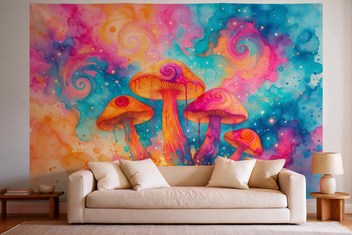XXL wall tapestry Psychedelic Mushrooms in Watercolor as wall decor in a bright living room above the sofa