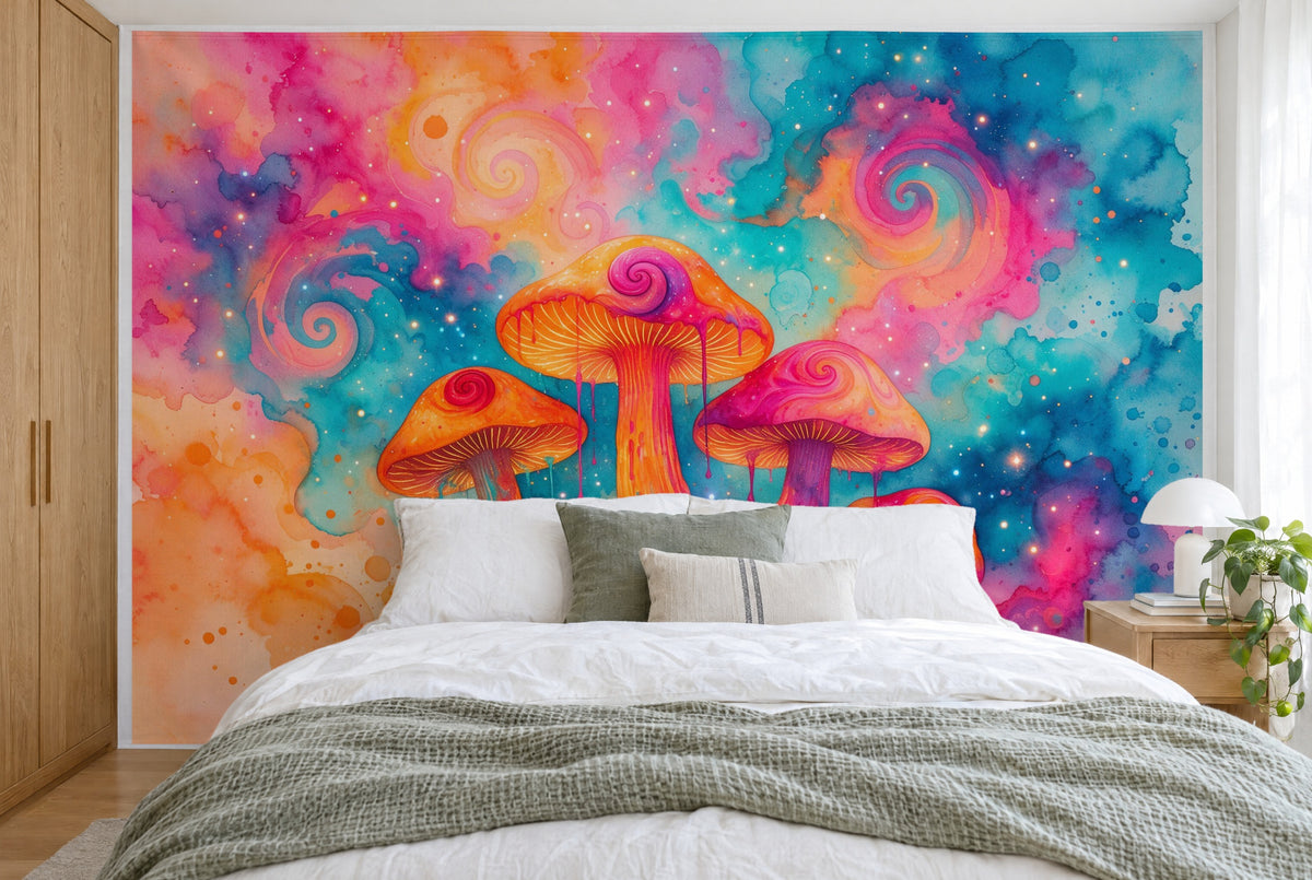 XXL printed fabric: four dripping watercolor mushrooms at center, colorful swirls all around, full wall behind the bed