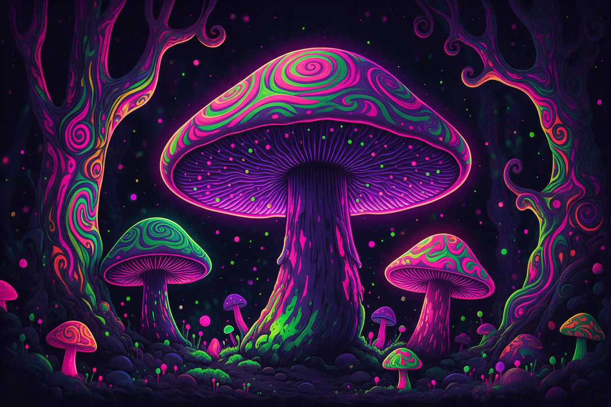 Psychedelic-Pilze mit Neonwirbeln zwischen zwei bunten Wirbelbäumen, als Wandtuch, auf Stoff gedruckt – Pink und Grün