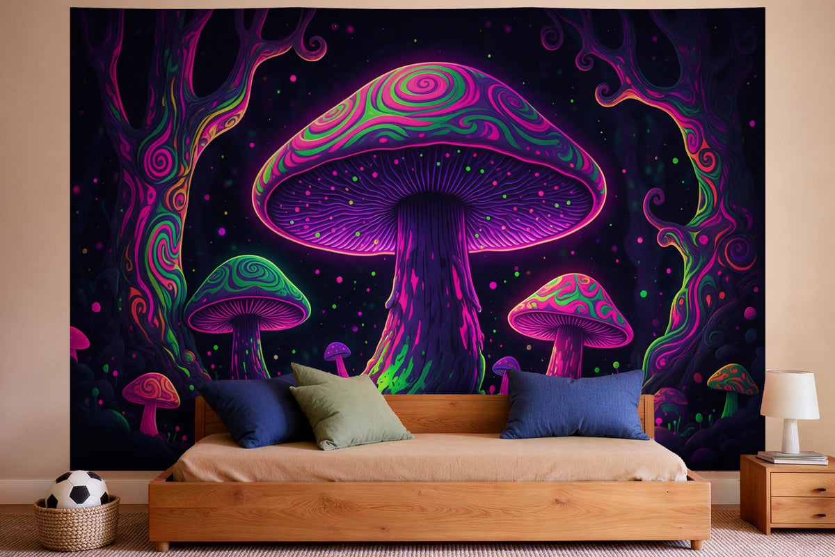 Wall decor in a boys' bedroom: printed fabric tapestry Psychedelic Mushrooms in a Neon Forest