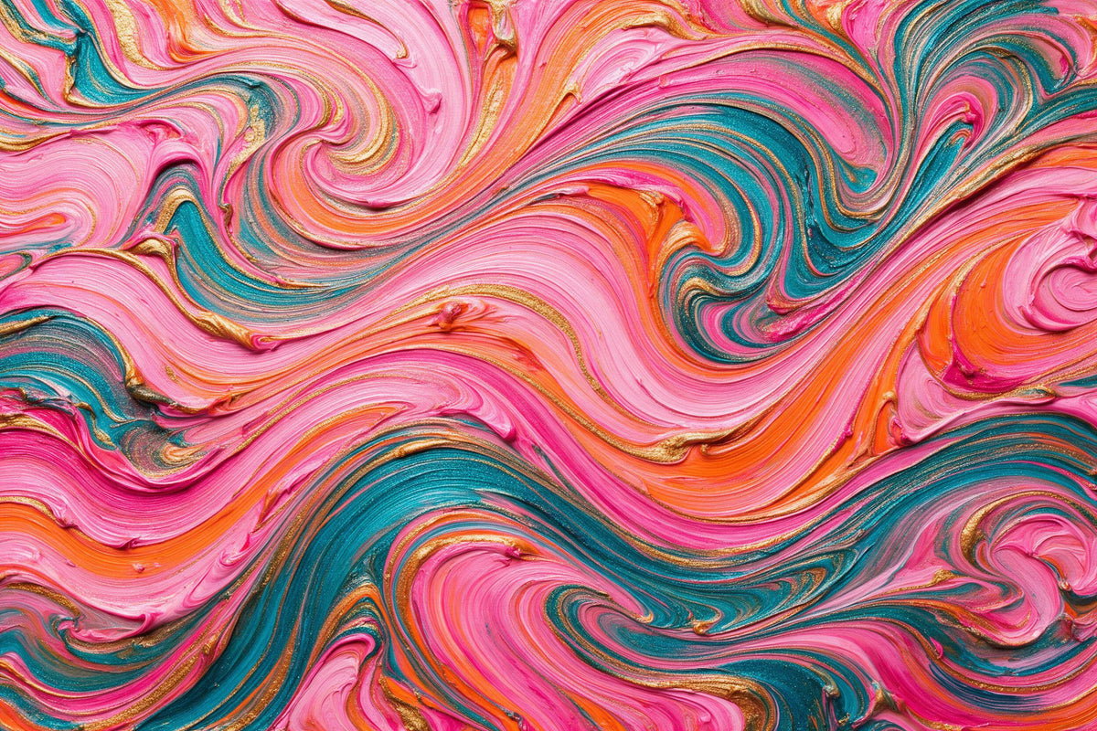 Psychedelic waves of thick oil paint with golden glitter veins, tapestry printed on fabric – pink, orange and teal