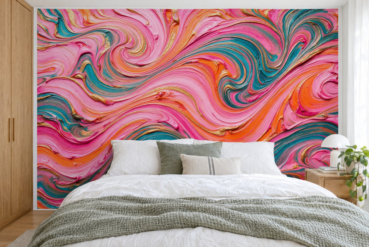 Large wall hanging Psychedelic Waves in Oil Paint in the bedroom, wall-filling behind the bed – printed tapestry