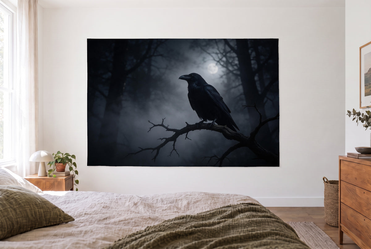 Raven in the Dark Forest tapestry in a bright bedroom opposite the bed, a wooden dresser on the right – black and grey