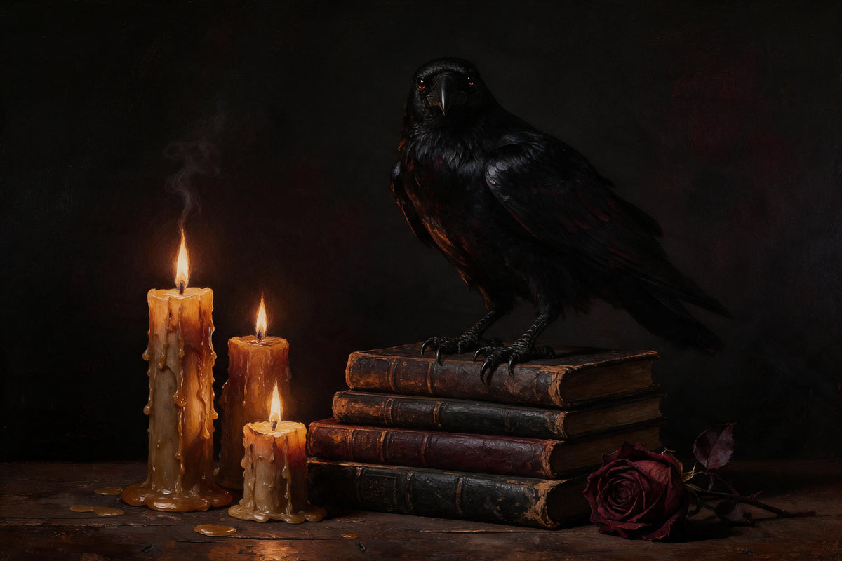 Black raven on old leather books beside dripping candles and a withered rose, tapestry printed on fabric – amber