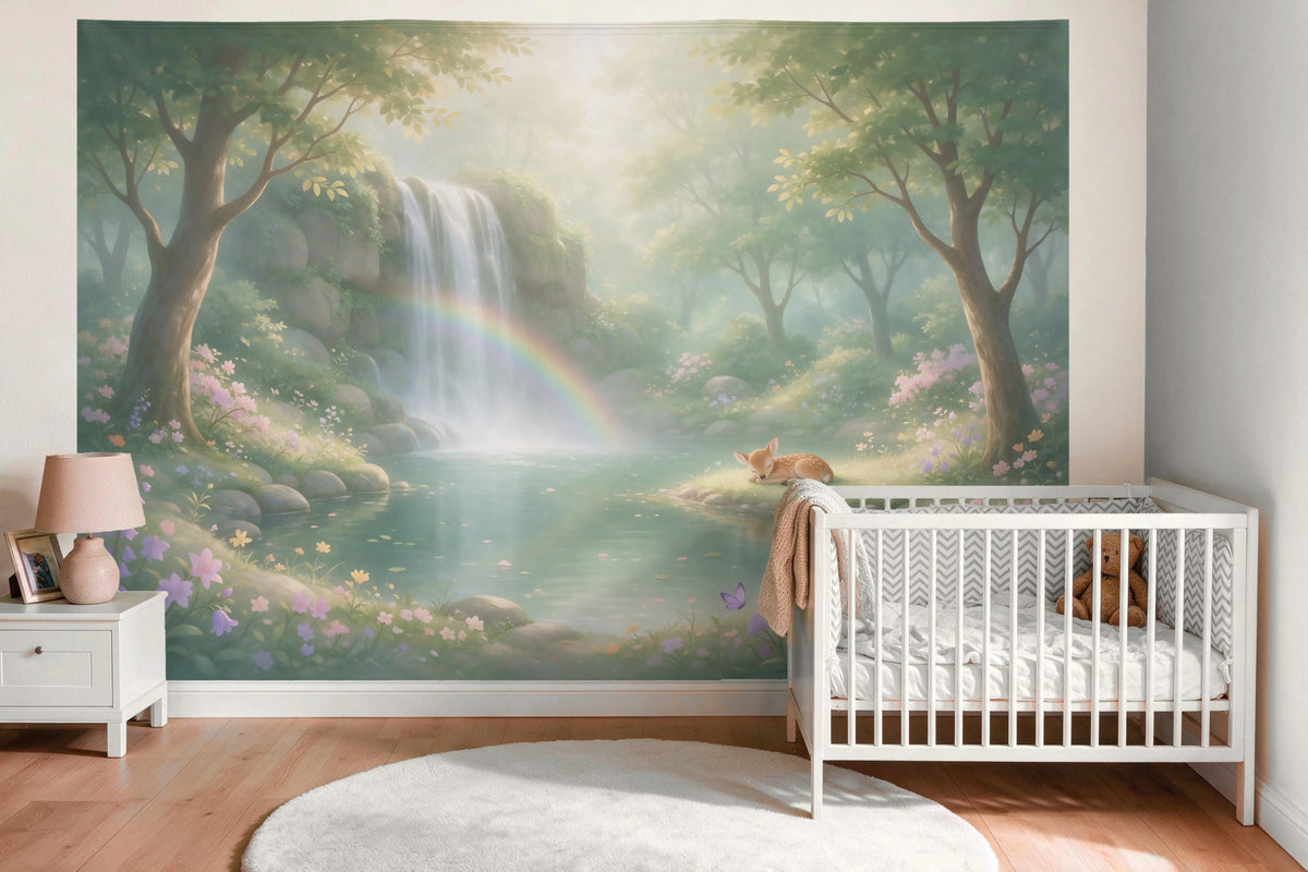 Wandtuch XXL Regenbogen-Wasserfall im Märchenwald als Wanddeko im Babyzimmer über dem Babybett