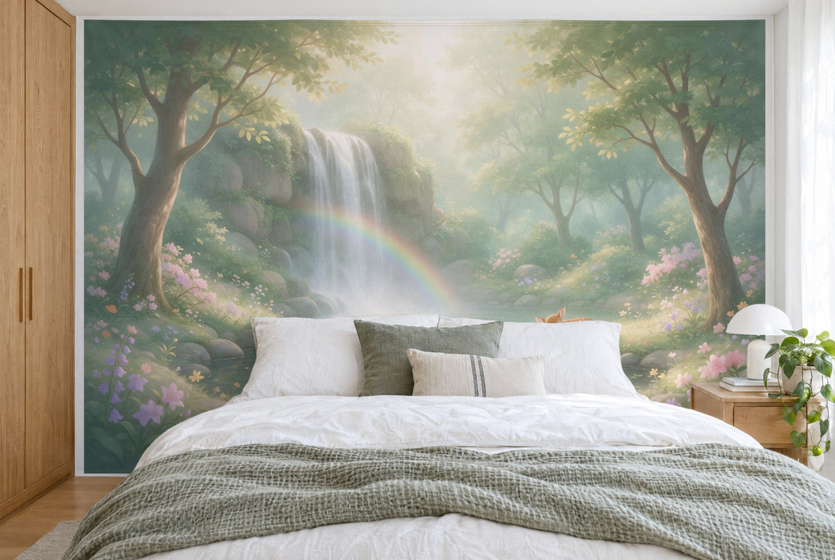 Tissu imprimé XXL : cascade avec arc-en-ciel à gauche, fleurs roses sur les côtés, sur tout le mur derrière le lit