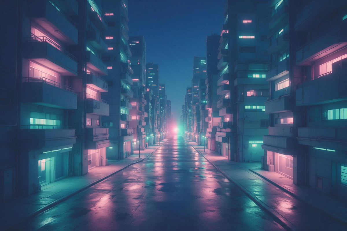 Wet cyberpunk street between high-rises with a light at the end, as a tapestry printed on fabric – pink and turquoise