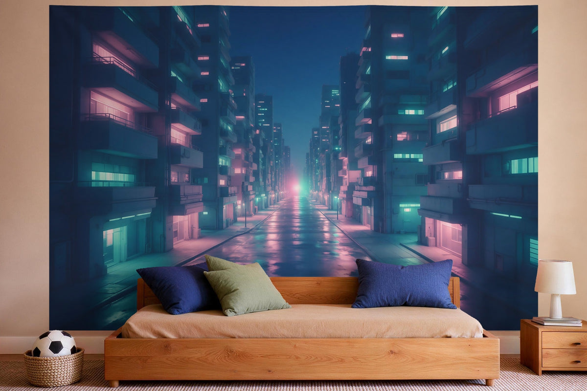 Déco murale dans une chambre de garçon : tenture murale Rue cyberpunk trempée de pluie, imprimée sur tissu
