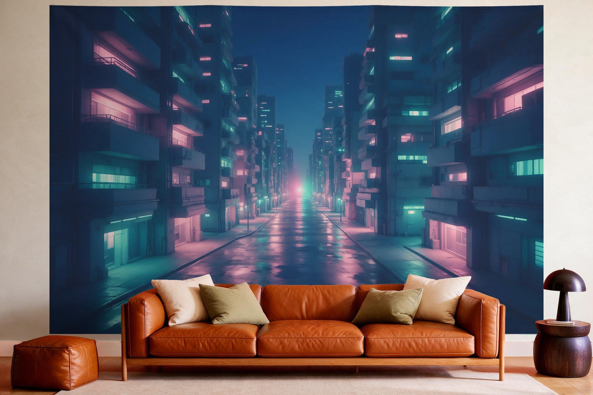 Tenture murale XXL Rue cyberpunk trempée de pluie en déco murale dans un salon chaleureux au-dessus du canapé en cuir