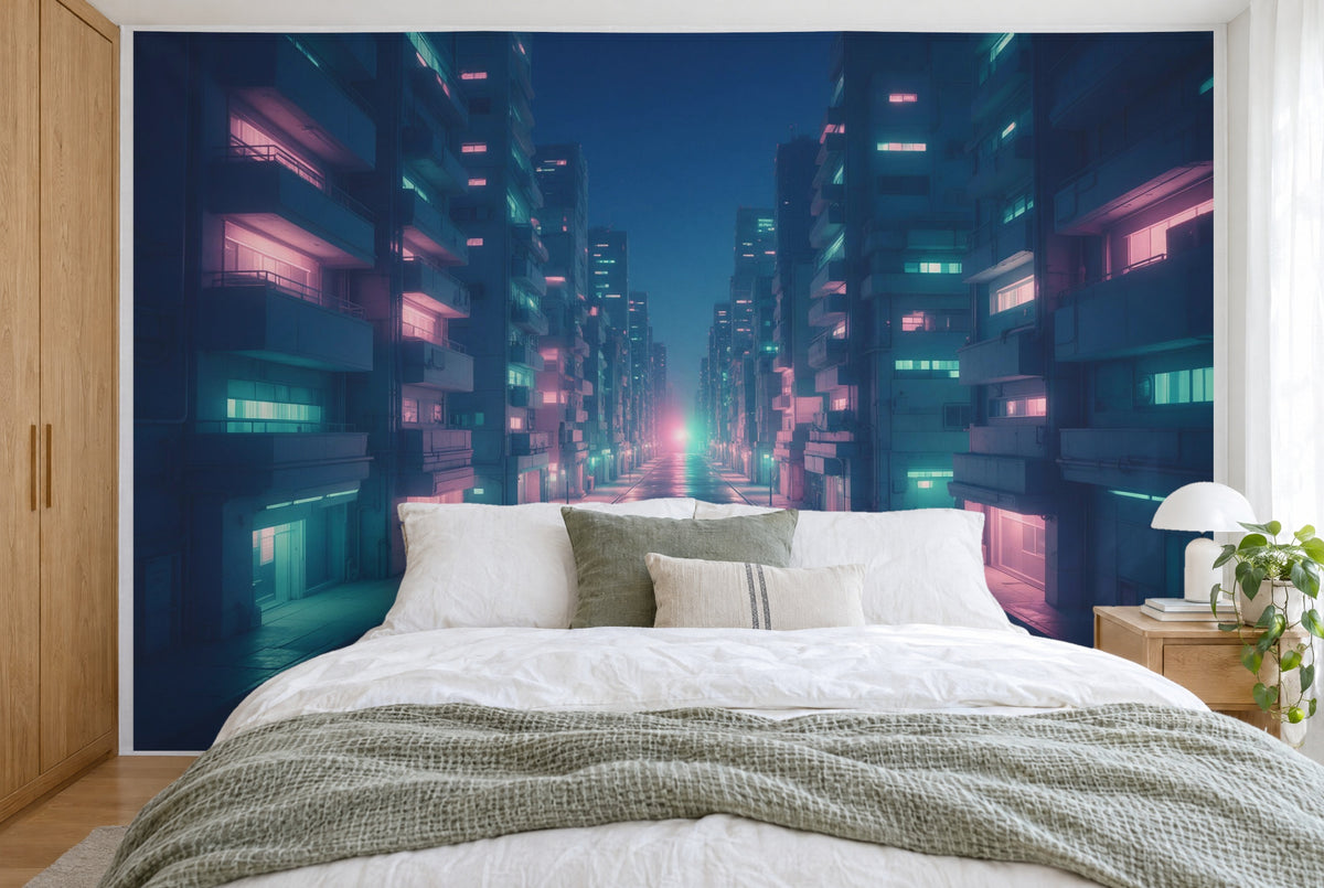 XXL printed fabric: wet street in the centre with a pink light, high-rises on both sides, filling the wall behind the bed