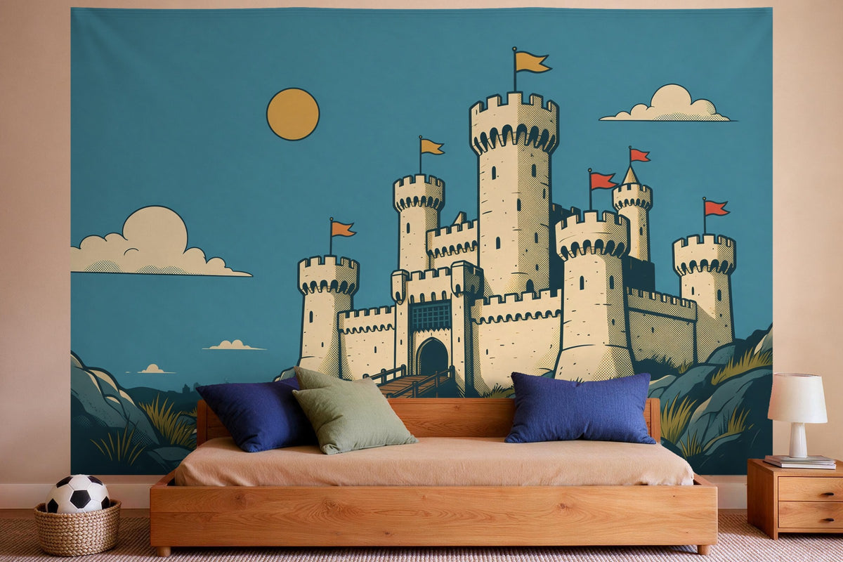 XXL wall tapestry Knight's Castle in Comic Style as wall decor in a boys' bedroom