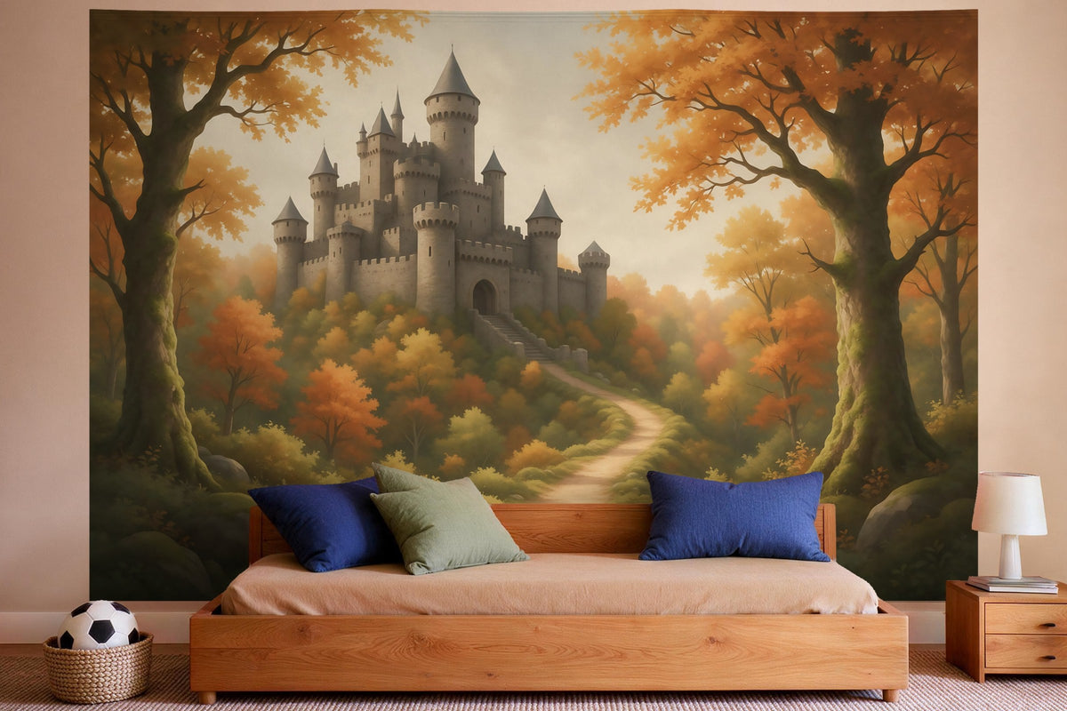 Tapiz de pared XXL Castillo de caballeros en bosque otoñal como decoración en un dormitorio de niño