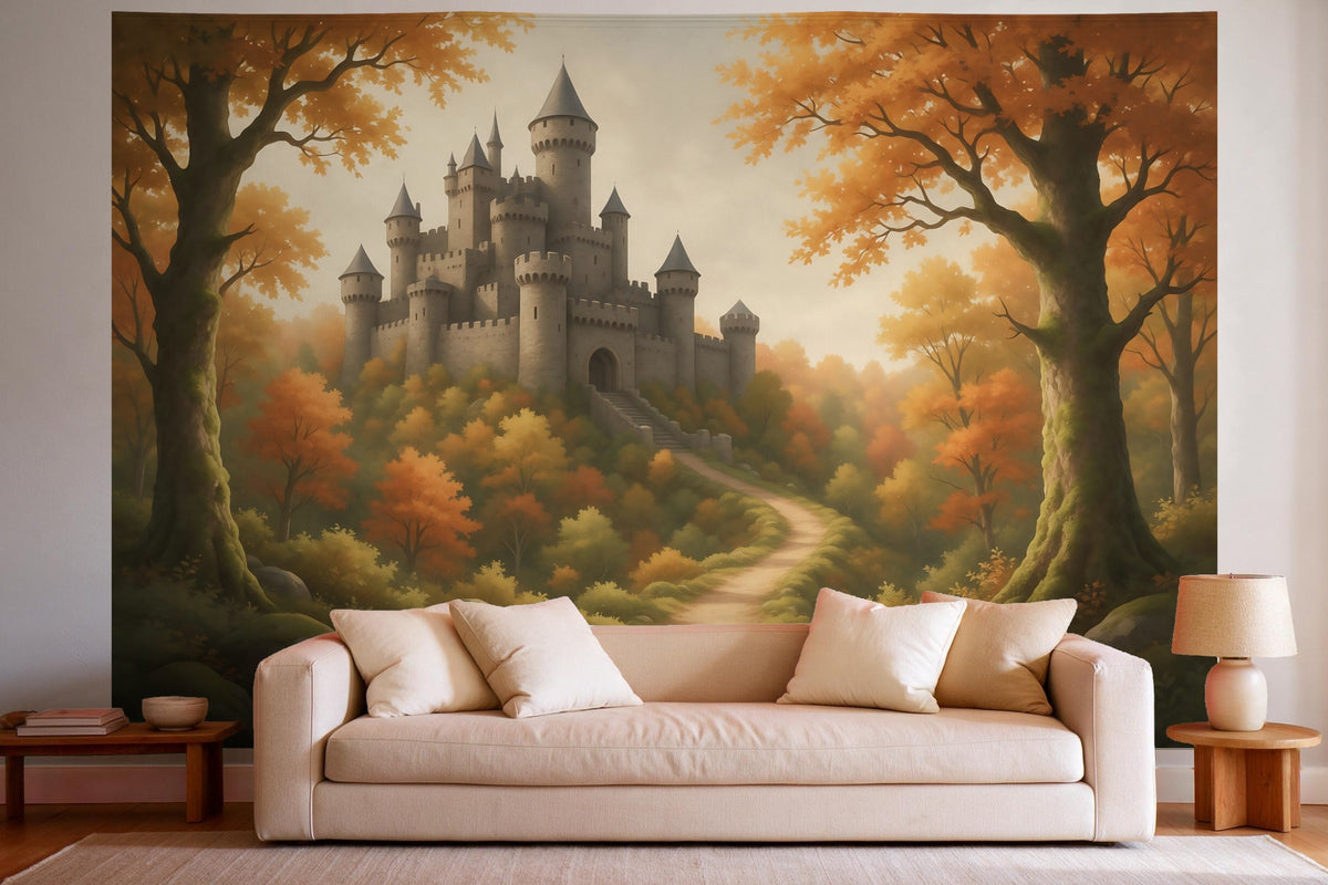 Decoración de pared en un salón luminoso sobre el sofá: tapiz de tela Castillo de caballeros en bosque otoñal