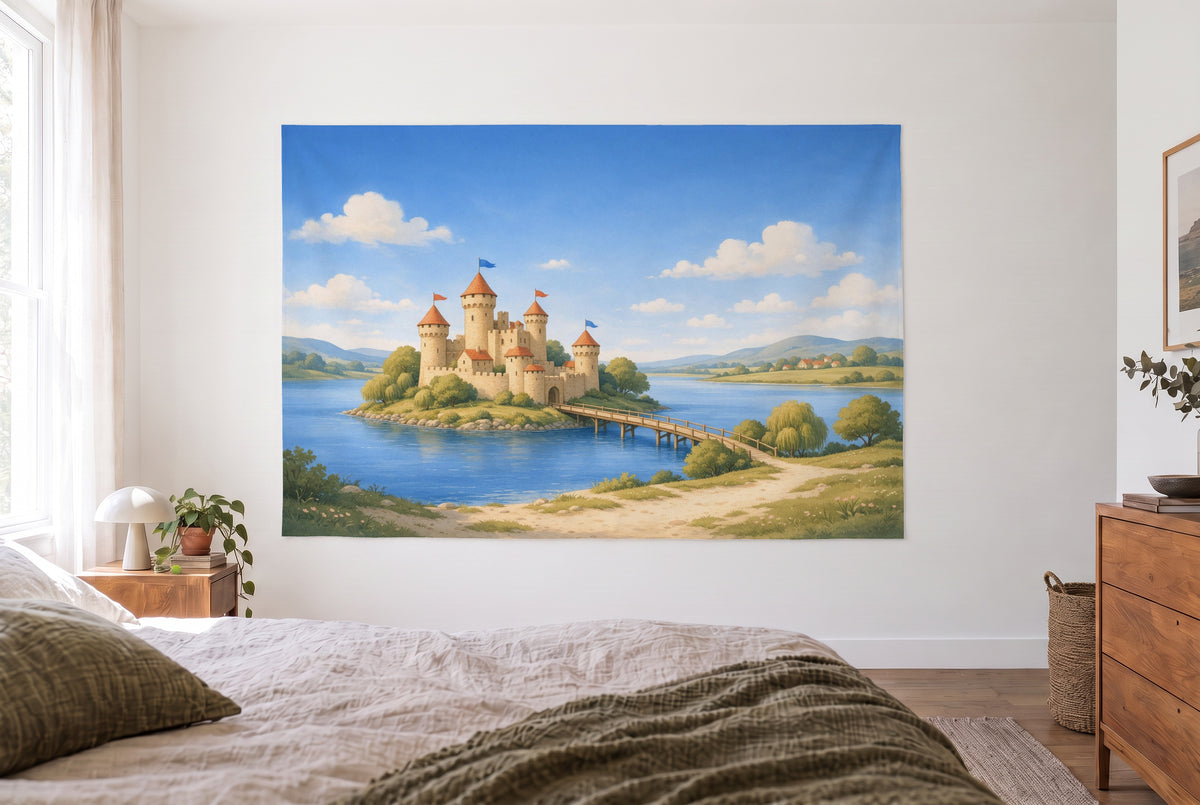 Tapiz castillo de caballeros en el lago en cuarto claro frente a la cama, cómoda de madera a la derecha – azul y rojo