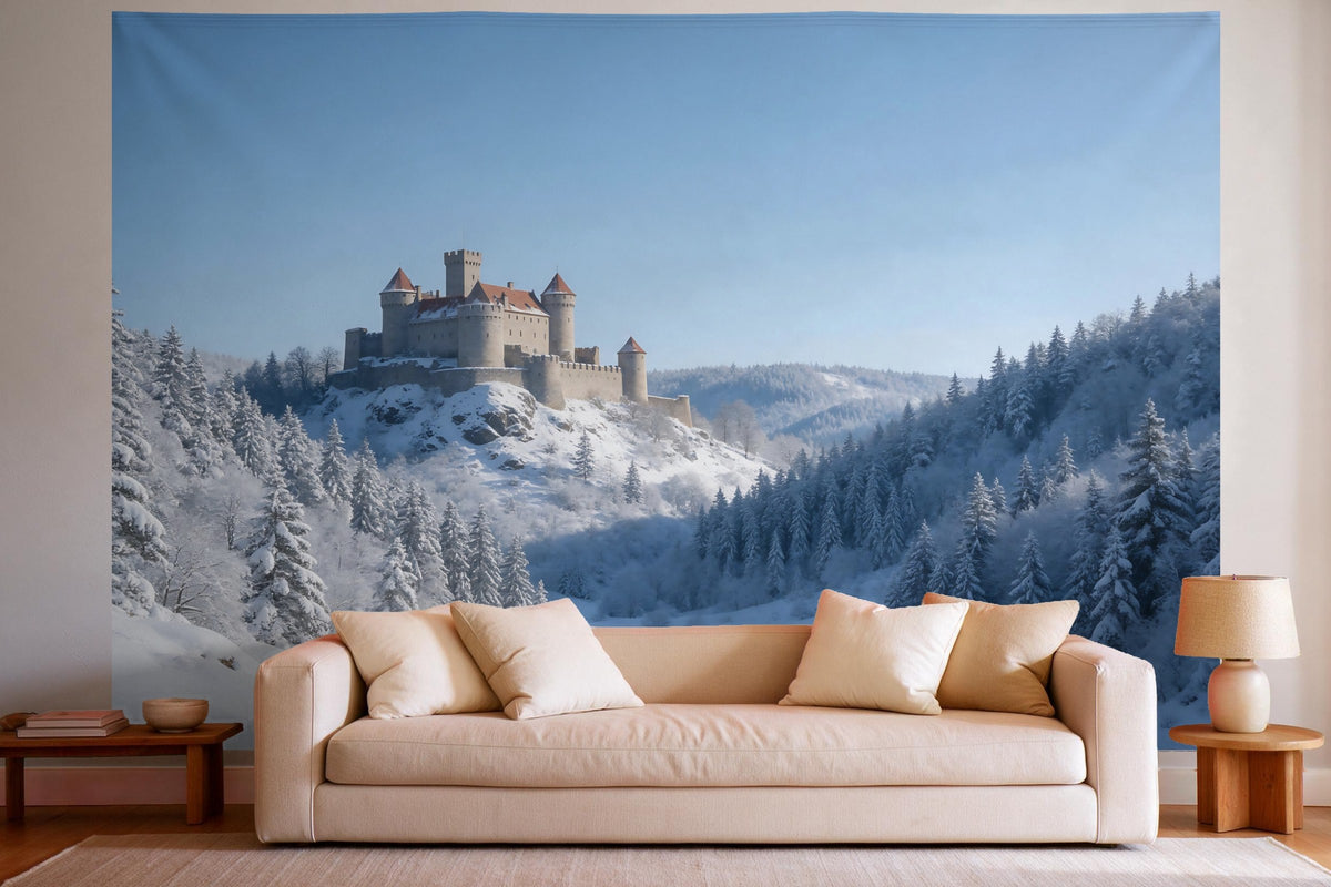 Decoración de pared en un salón luminoso sobre el sofá: tapiz de tela Castillo de caballeros en invierno