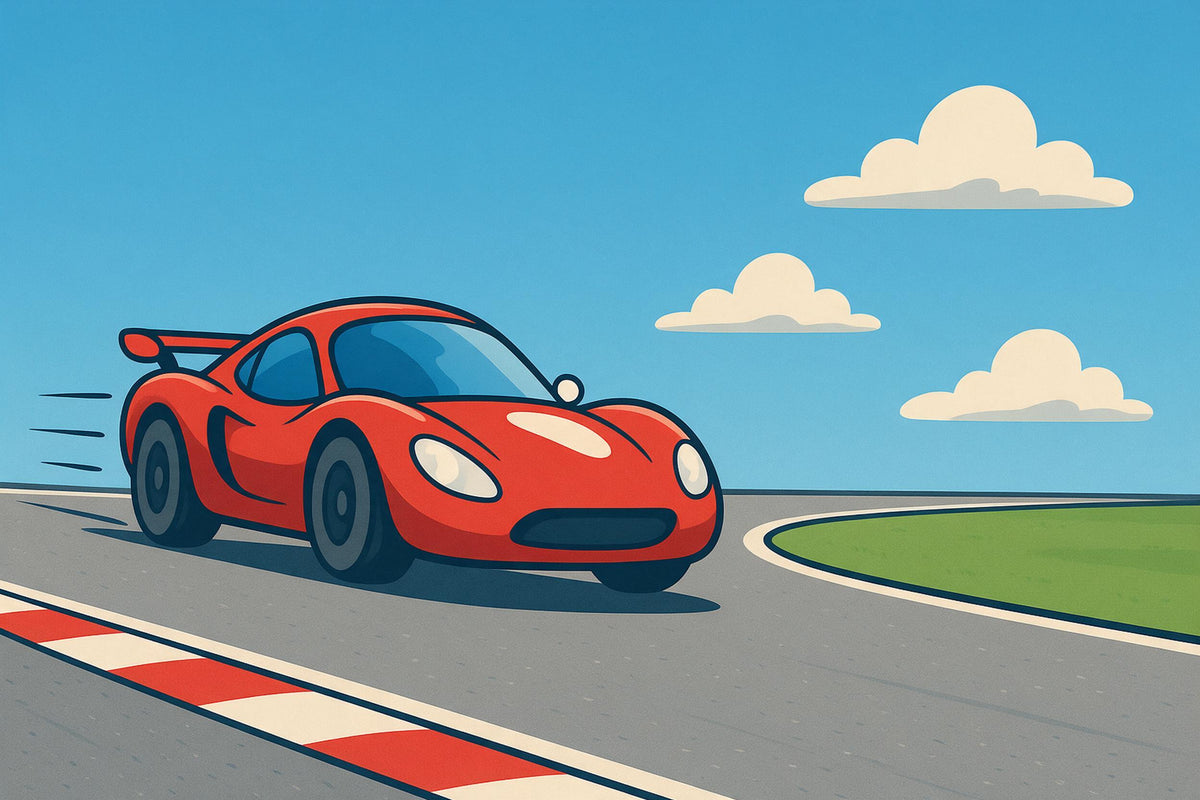 Red race car at left before the curve of a grey race track, blue sky, tapestry printed on fabric – red and blue