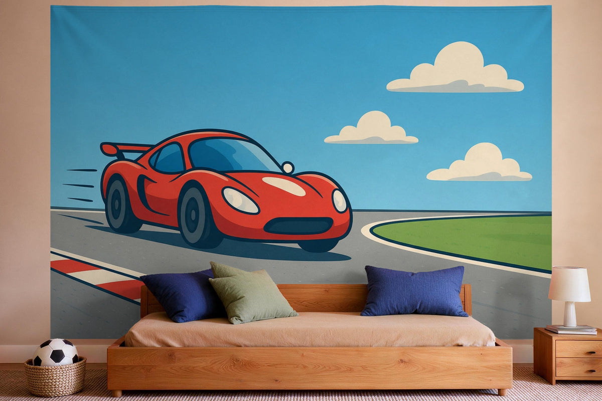 Wandtuch XXL Rotes Rennauto auf der Rennstrecke als Wanddeko im Jungen-Kinderzimmer