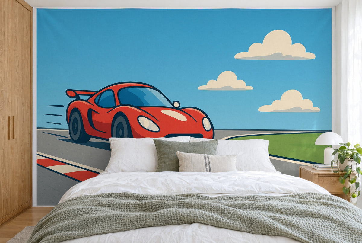 XXL printed fabric: red car at left on a grey race track, three clouds at right, filling the wall behind the bed