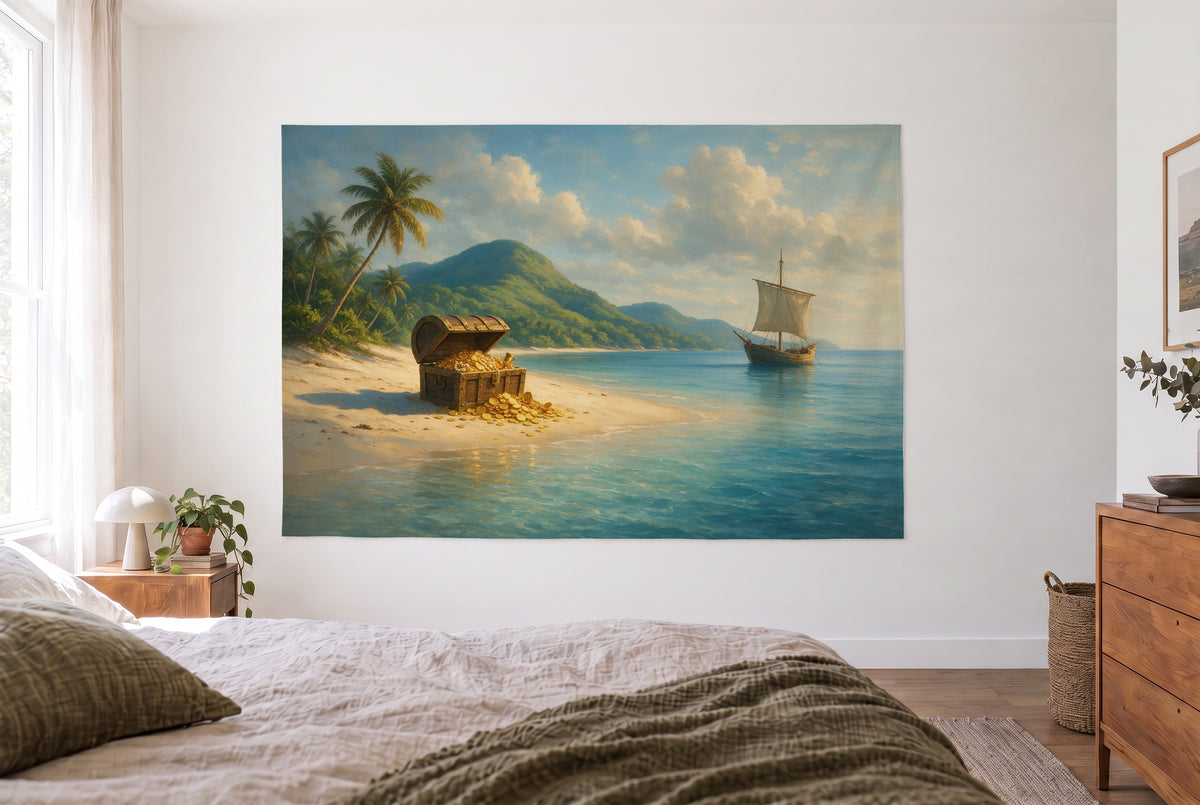 Wandtuch Schatzinsel als Ölgemälde im hellen Schlafzimmer gegenüber dem Bett, rechts eine Holzkommode – Blau, Grün und Gold