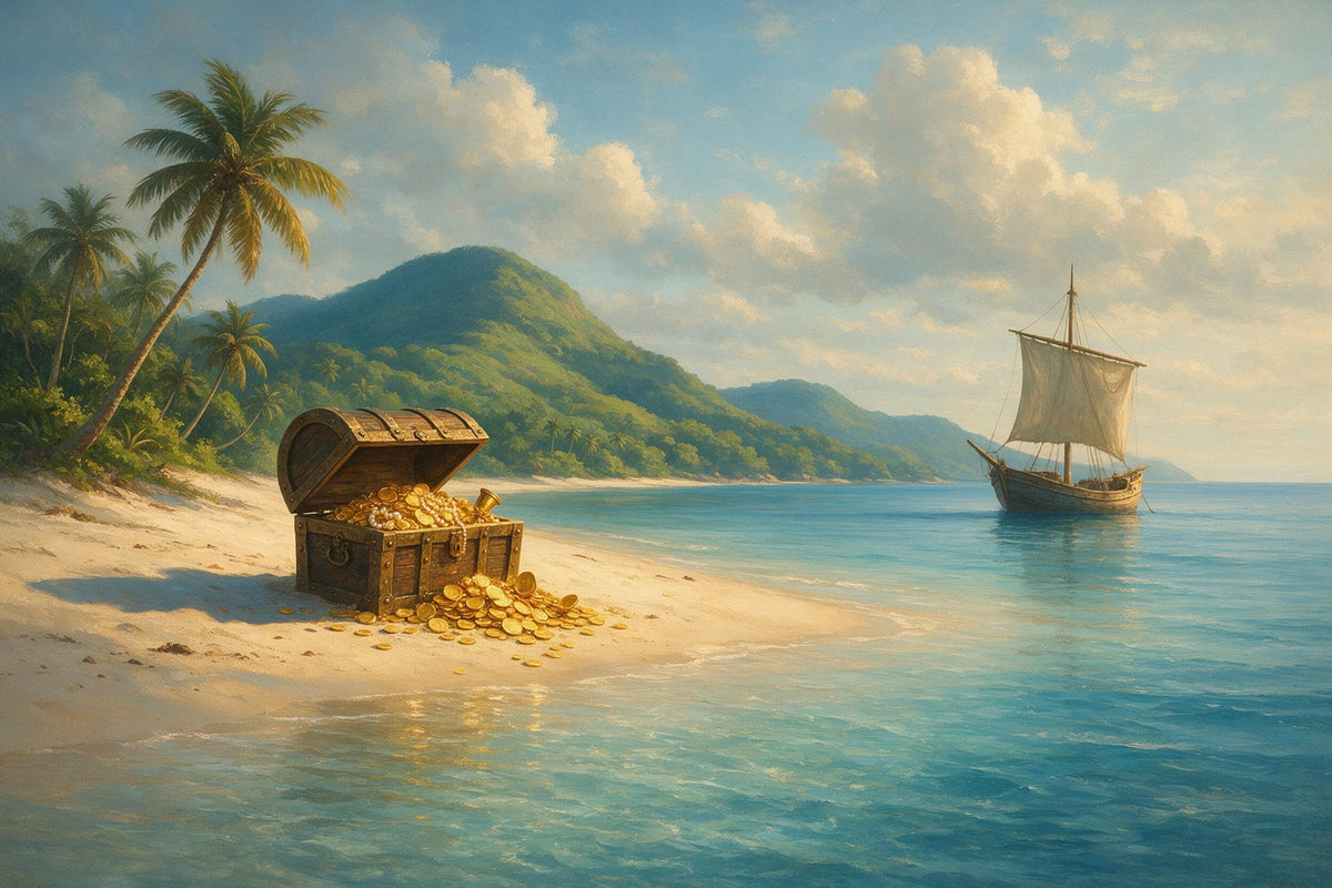 Piraten-Schatzinsel: Schatztruhe voller Gold am Palmenstrand, rechts ein Segelschiff, als Wandtuch, auf Stoff gedruckt – Gold