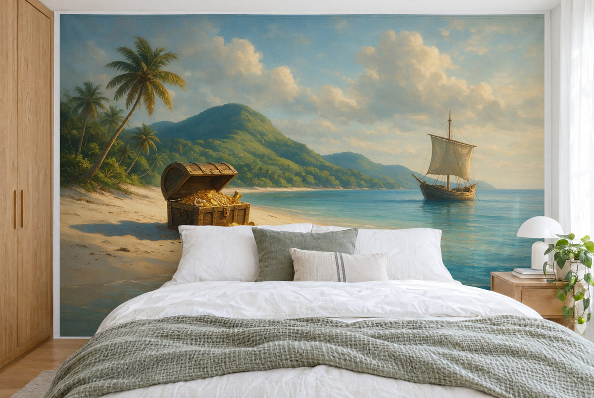 Bedruckter Stoff im XXL-Format: offene Schatztruhe links am Strand, rechts ein Segelschiff, wandfüllend hinter dem Doppelbett