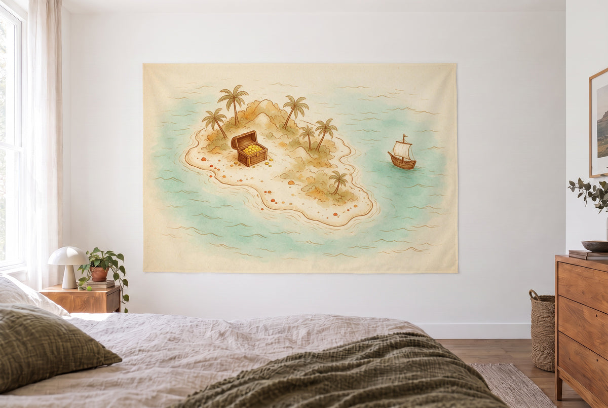 Wandtuch Piraten-Schatzinsel als Seekarte im hellen Schlafzimmer gegenüber dem Bett, rechts Holzkommode – Braun