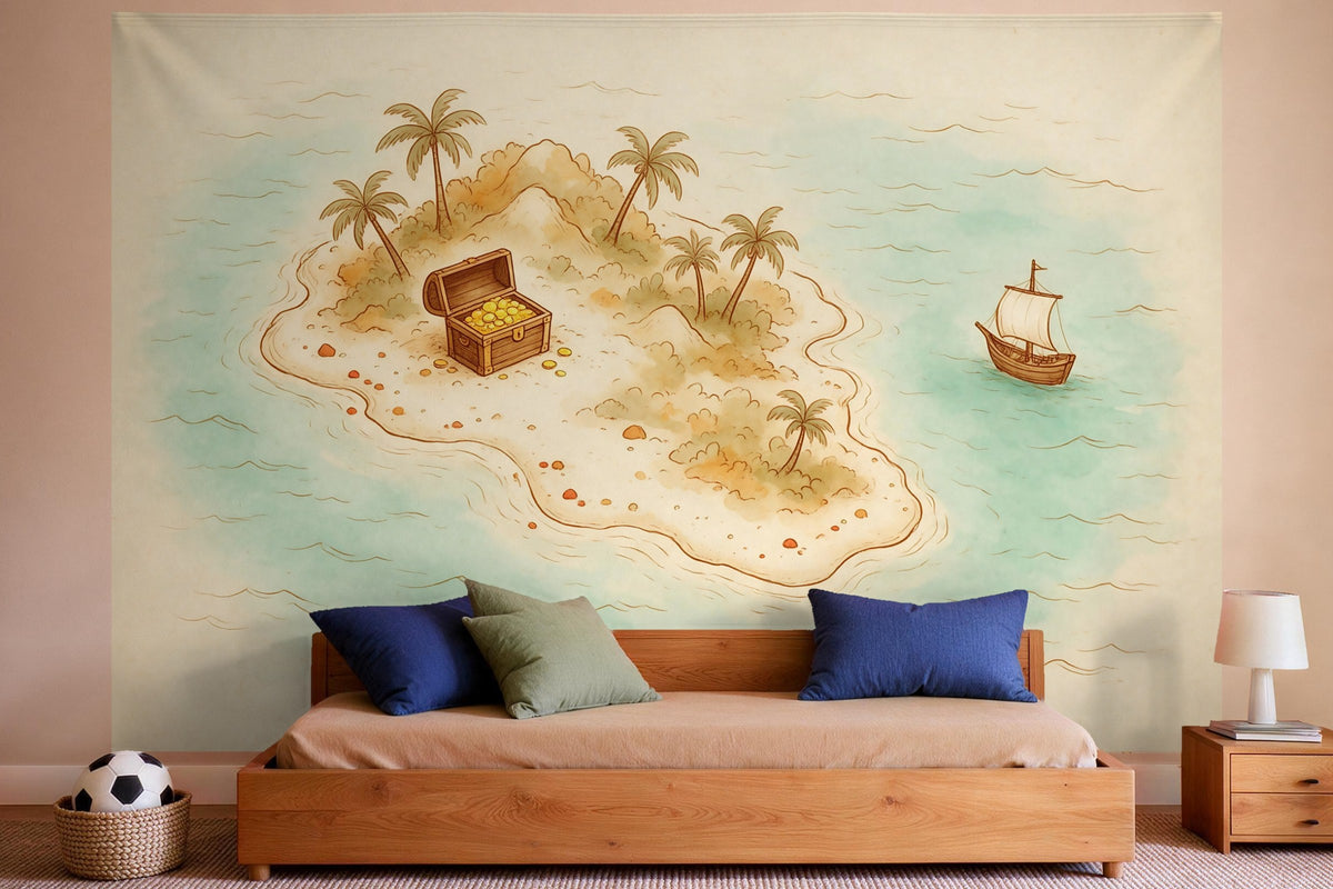Tapiz de pared XXL Isla del tesoro como mapa vintage como decoración en un dormitorio de niño