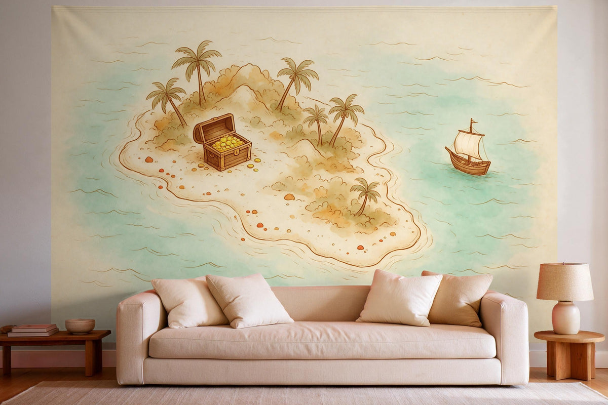 Decoración de pared en un salón luminoso sobre el sofá: tapiz de tela Isla del tesoro como mapa vintage
