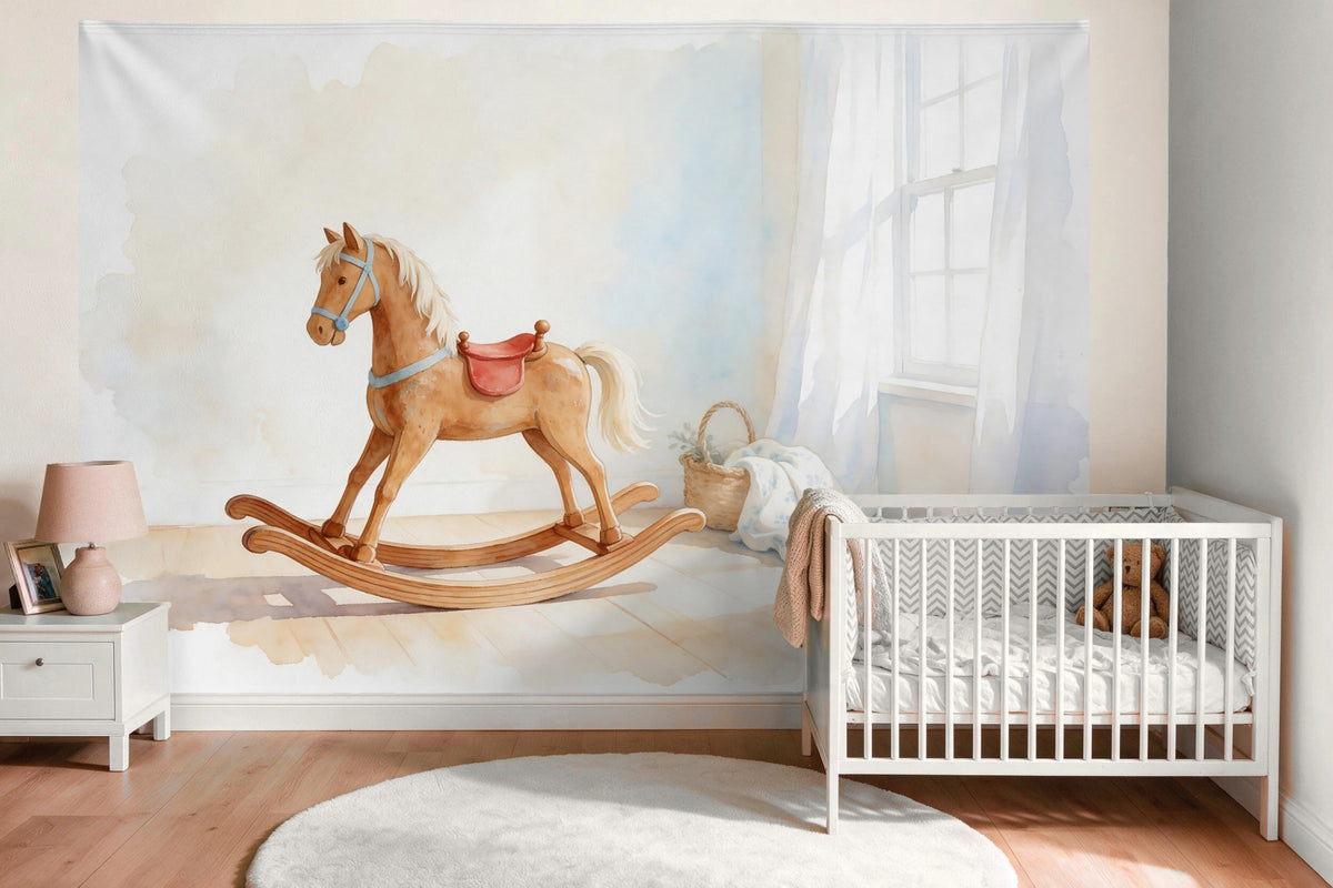 Tapiz de pared XXL Caballito de balancín en la habitación infantil como decoración en la habitación del bebé sobre la cuna