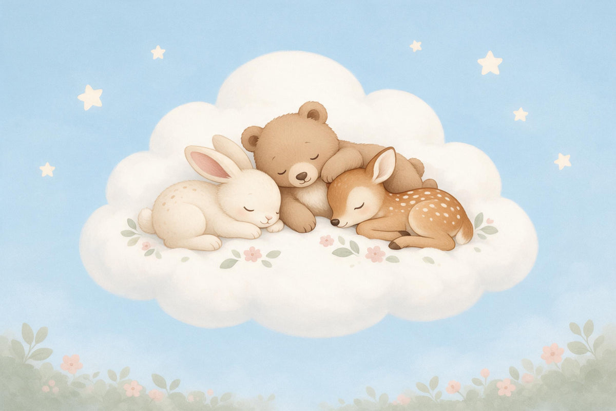 Bebés animales dormidos, conejito, osito y cervatillo, sobre una nube blanca, tapiz impreso en tela – azul pastel y crema