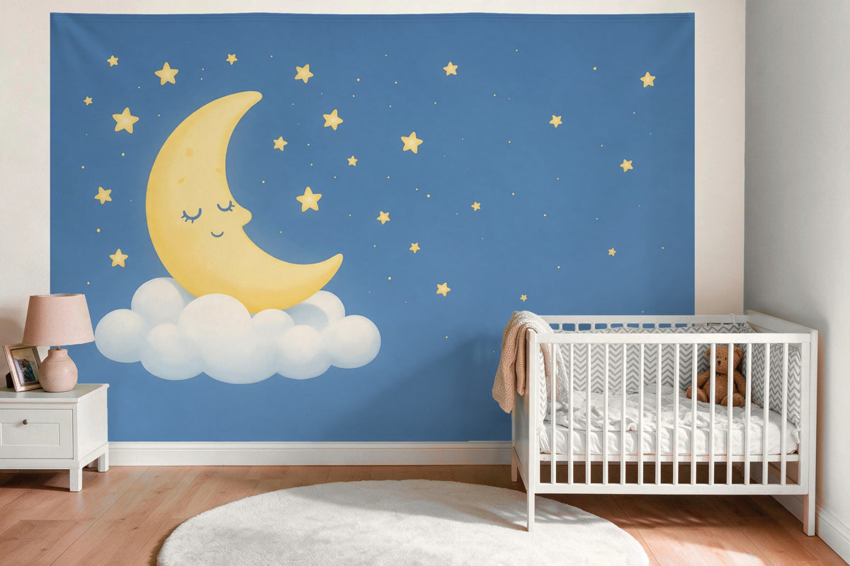 Wandtuch XXL Schlafender Mond mit Sternen als Wanddeko im Babyzimmer über dem Babybett