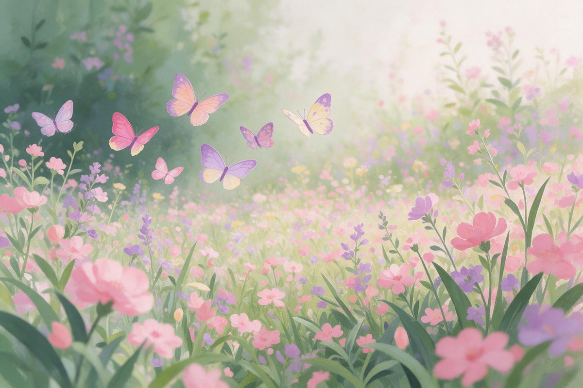 Schmetterlinge über rosa Blumenwiese in Rosa, Violett und Grün, als Wandtuch, auf Stoff gedruckt