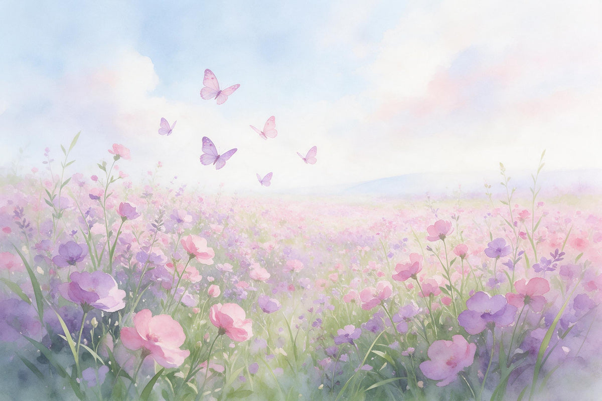 Mariposas sobre un prado rosa-violeta con verde fresco, tapiz impreso en tela – rosa y violeta