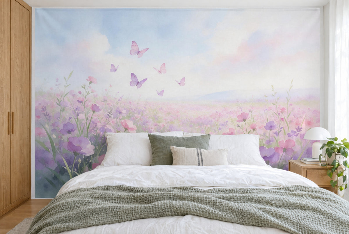 Tela impresa XXL: mariposas sobre un prado rosa-violeta, llenando la pared tras la cama
